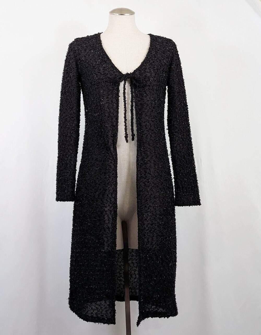 Vintage Y2K Cardigan Sweater Duster Black Metallic Tie Front Women's Size S